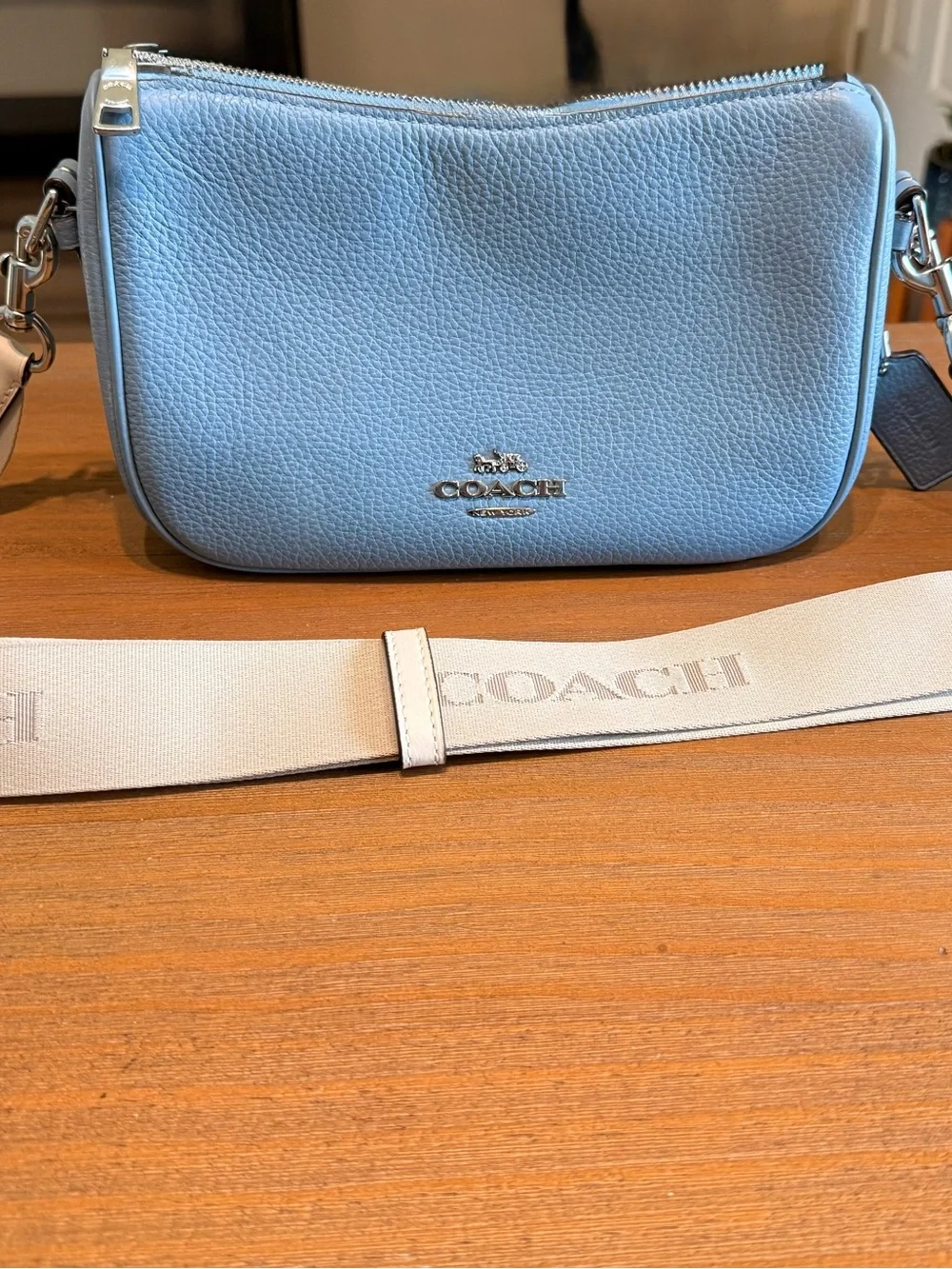 Coach Kailey Pebbled Leather Crossbody in Light Blue with Cream Strap